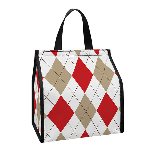 White Red And Beige Argyle Pattern Print Insulated Lunch Tote