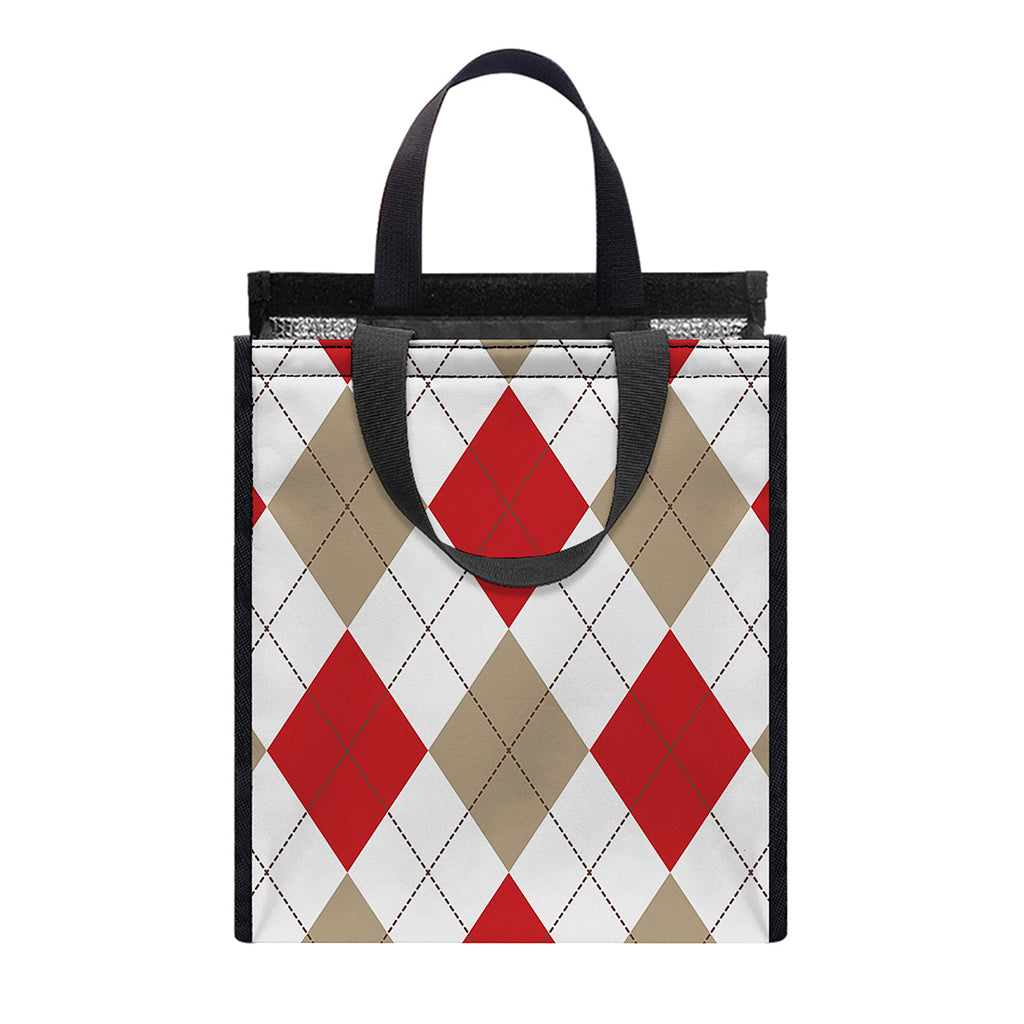 White Red And Beige Argyle Pattern Print Insulated Lunch Tote