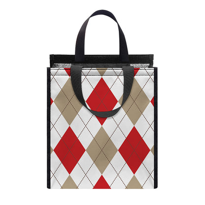 White Red And Beige Argyle Pattern Print Insulated Lunch Tote