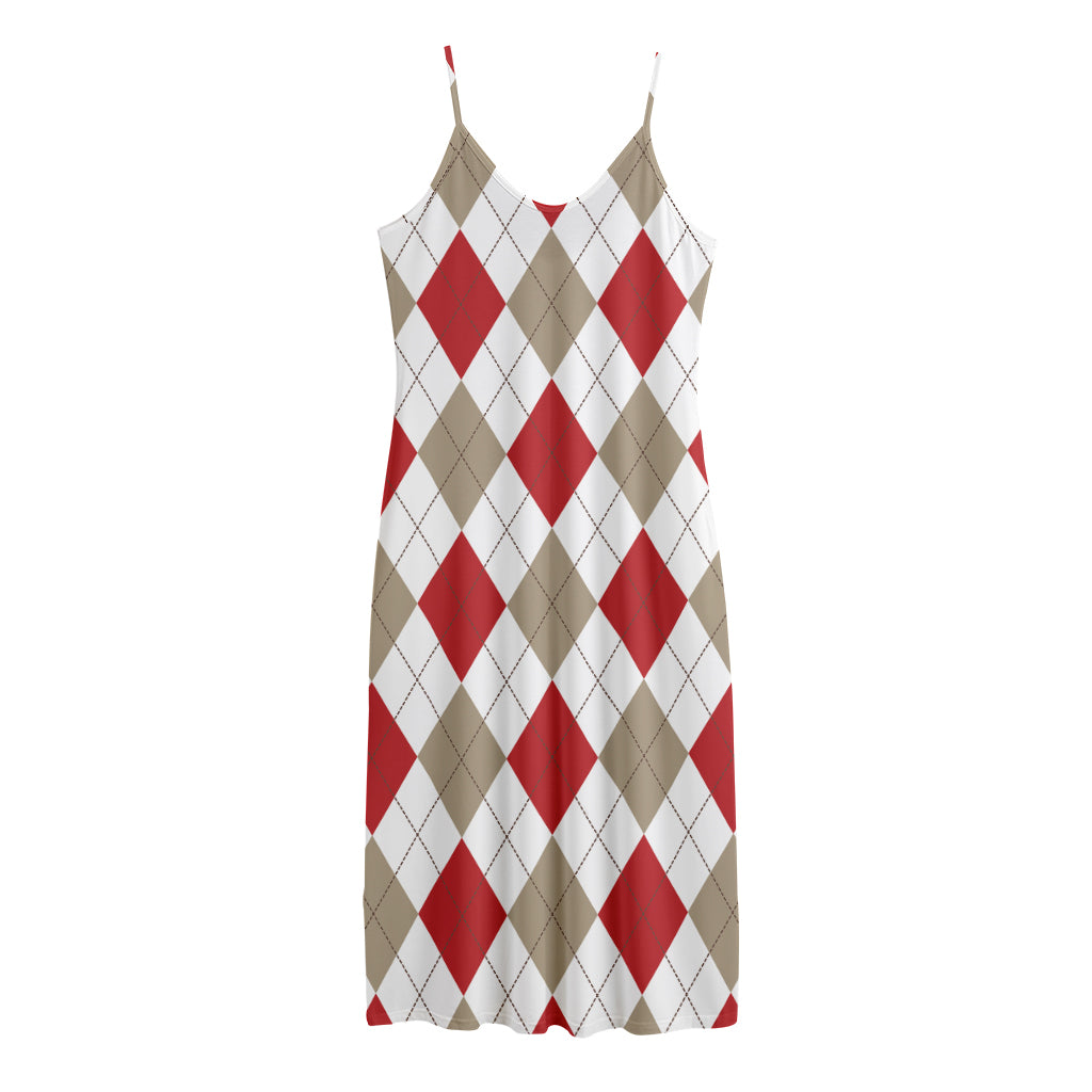 White Red And Beige Argyle Pattern Print Jersey Midi Cami Dress