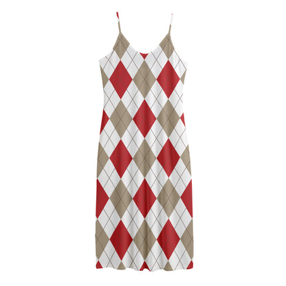 White Red And Beige Argyle Pattern Print Jersey Midi Cami Dress