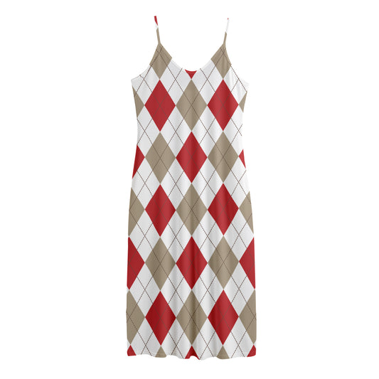 White Red And Beige Argyle Pattern Print Jersey Midi Cami Dress