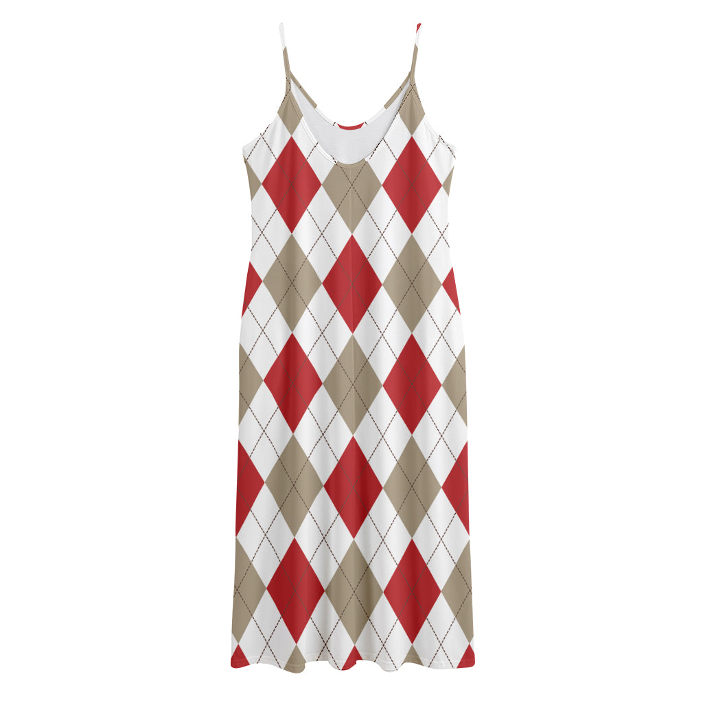 White Red And Beige Argyle Pattern Print Jersey Midi Cami Dress