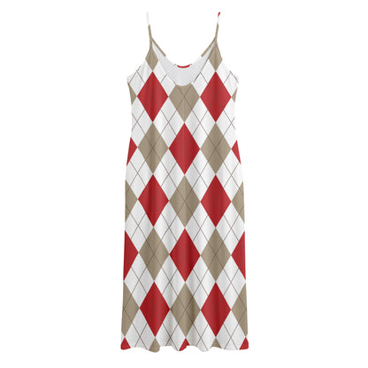 White Red And Beige Argyle Pattern Print Jersey Midi Cami Dress