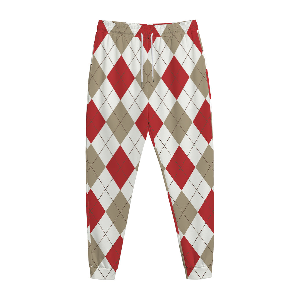 White Red And Beige Argyle Pattern Print Jogger Pants