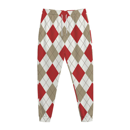 White Red And Beige Argyle Pattern Print Jogger Pants