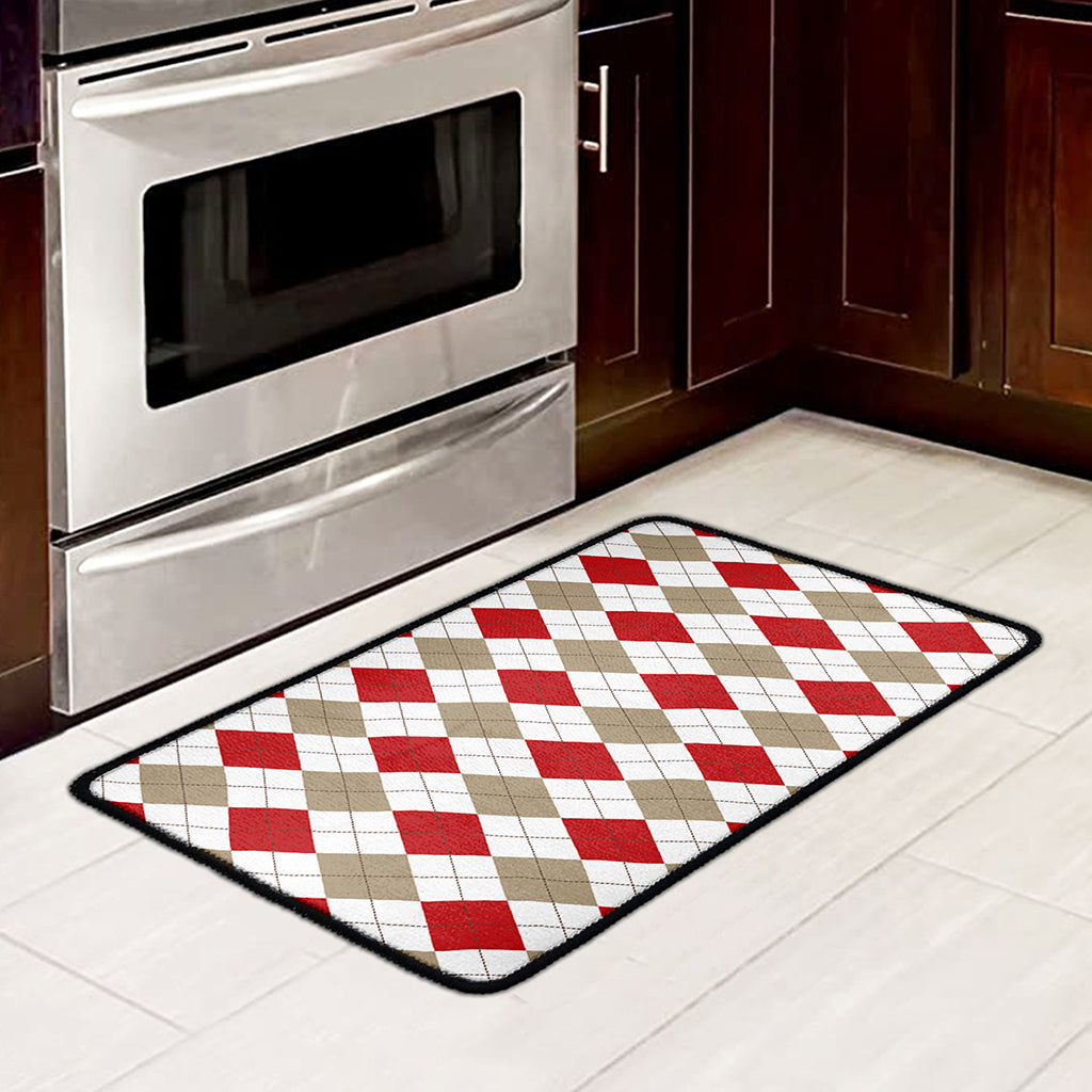 White Red And Beige Argyle Pattern Print Kitchen Mat