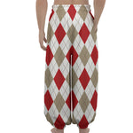 White Red And Beige Argyle Pattern Print Lantern Pants