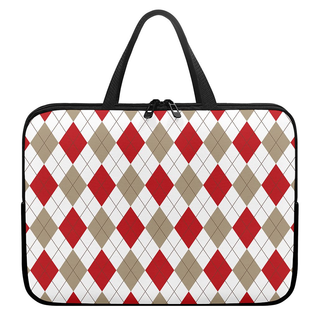 White Red And Beige Argyle Pattern Print Laptop Sleeve With Handle