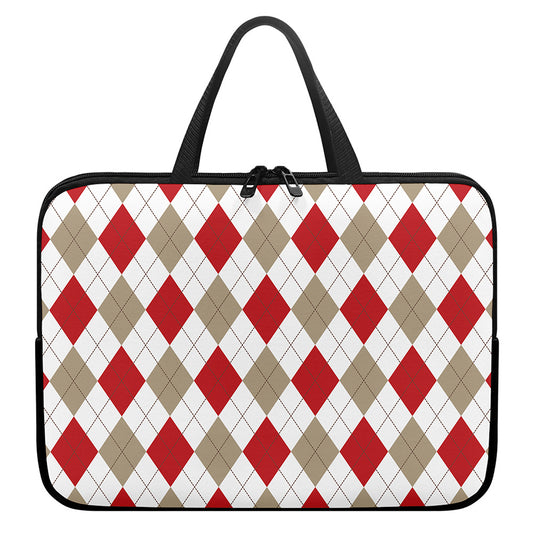 White Red And Beige Argyle Pattern Print Laptop Sleeve With Handle