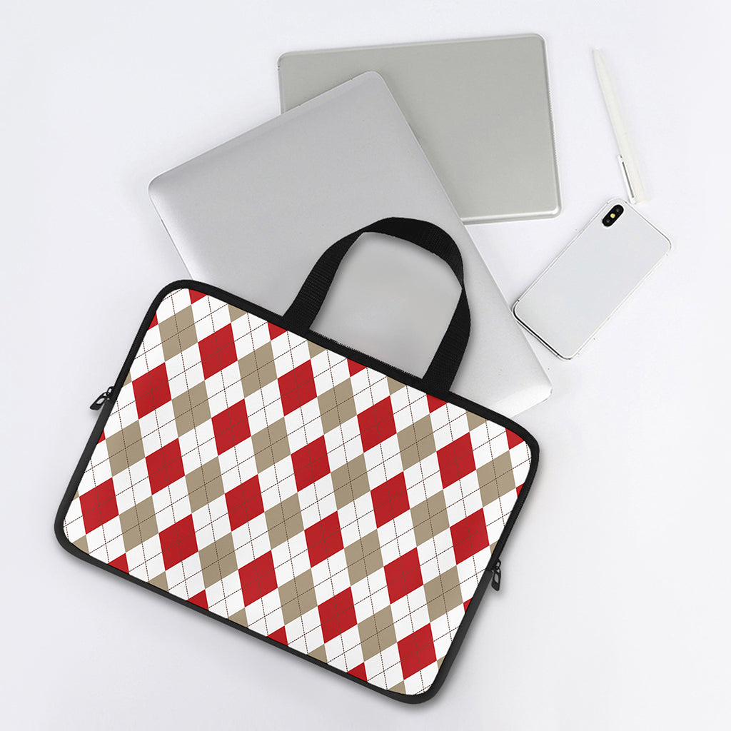 White Red And Beige Argyle Pattern Print Laptop Sleeve With Handle
