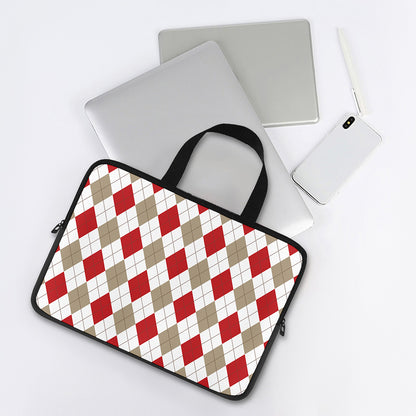 White Red And Beige Argyle Pattern Print Laptop Sleeve With Handle