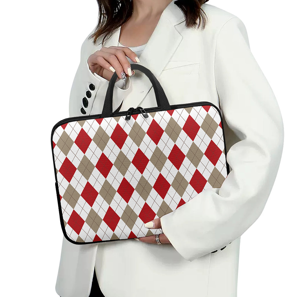White Red And Beige Argyle Pattern Print Laptop Sleeve With Handle