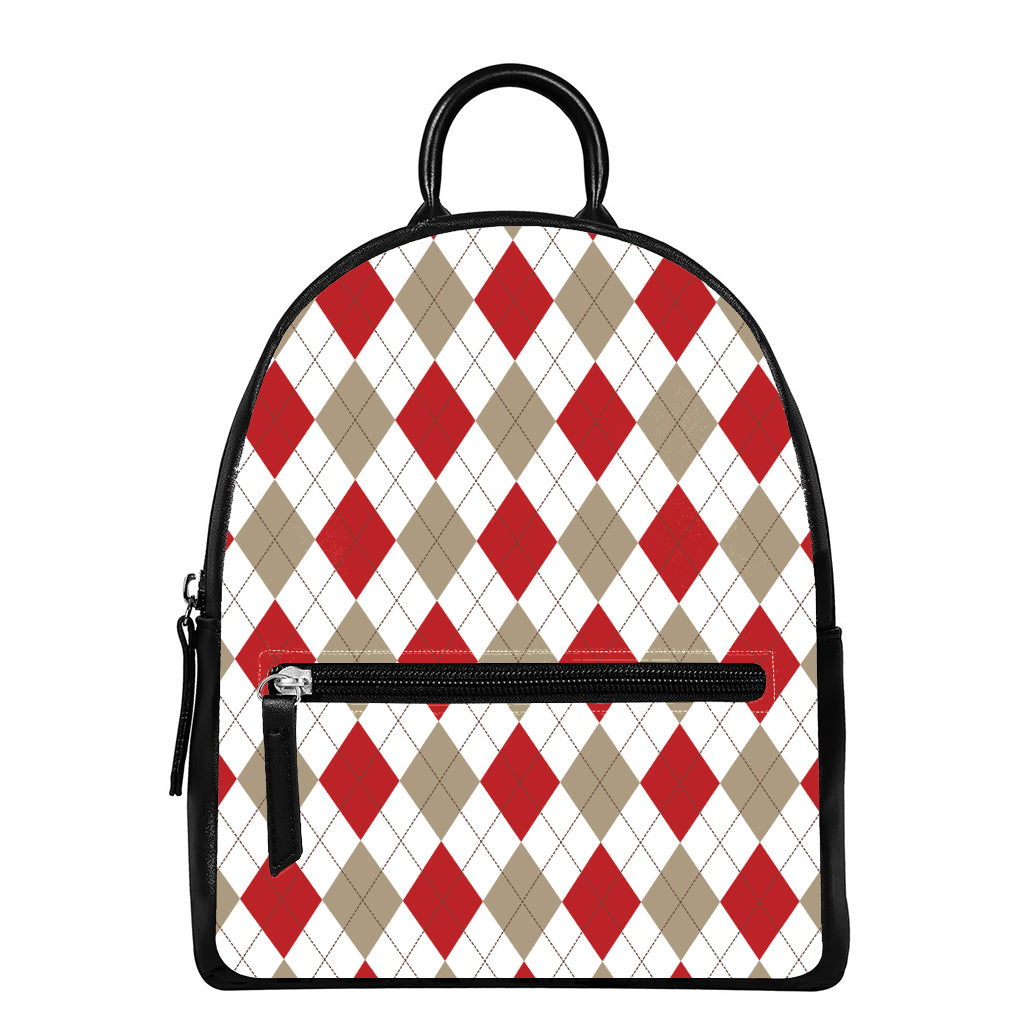 White Red And Beige Argyle Pattern Print Leather Backpack