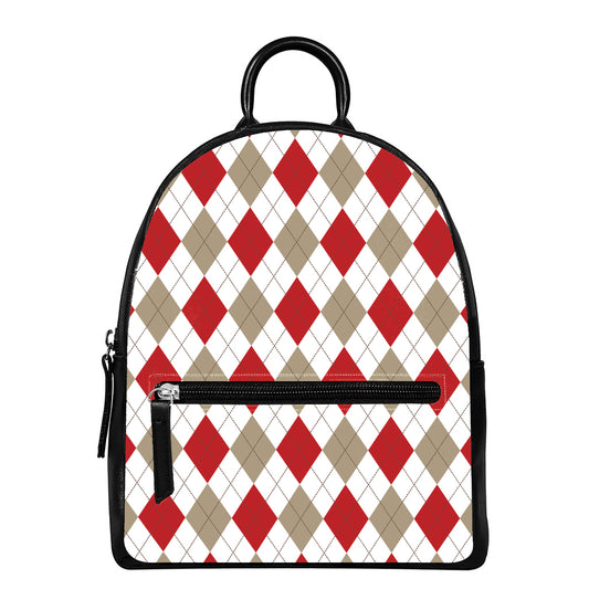 White Red And Beige Argyle Pattern Print Leather Backpack