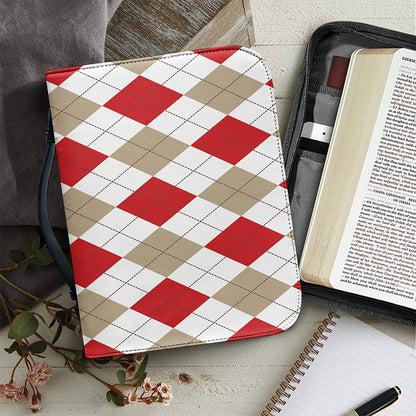 White Red And Beige Argyle Pattern Print Leather Bible Cover