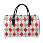 White Red And Beige Argyle Pattern Print Leather Duffle Bag
