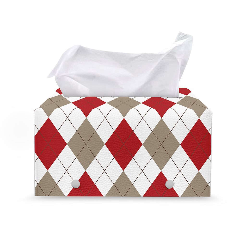 White Red And Beige Argyle Pattern Print Leather Tissue Box Cover