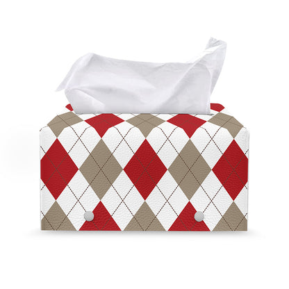 White Red And Beige Argyle Pattern Print Leather Tissue Box Cover
