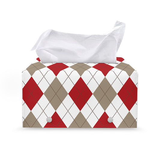 White Red And Beige Argyle Pattern Print Leather Tissue Box Cover
