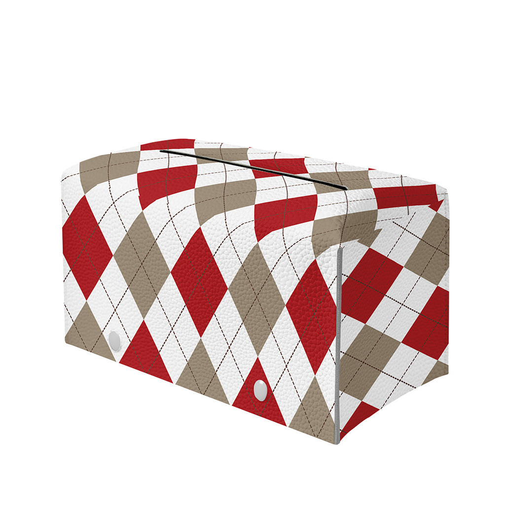 White Red And Beige Argyle Pattern Print Leather Tissue Box Cover