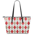 White Red And Beige Argyle Pattern Print Leather Tote Bag With Zipper