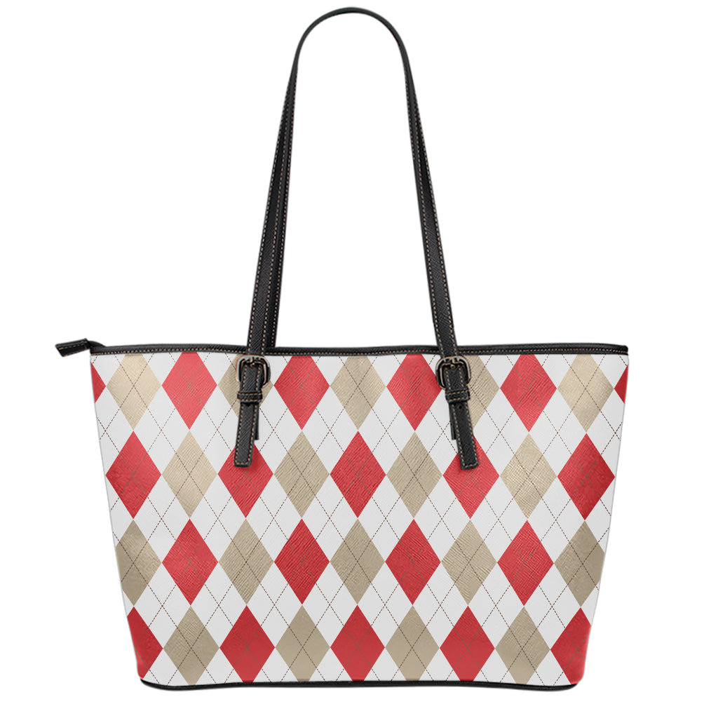 White Red And Beige Argyle Pattern Print Leather Tote Bag