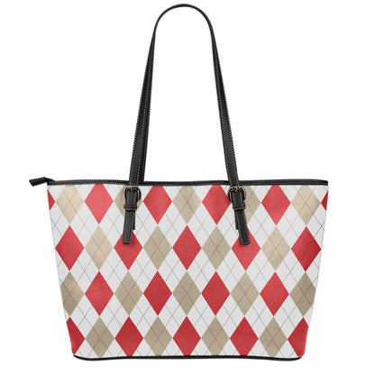 White Red And Beige Argyle Pattern Print Leather Tote Bag
