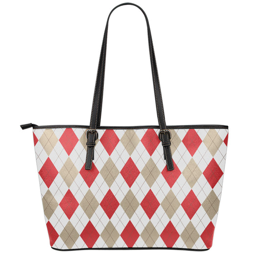 White Red And Beige Argyle Pattern Print Leather Tote Bag