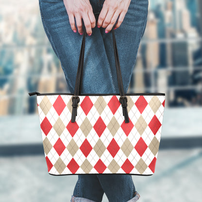 White Red And Beige Argyle Pattern Print Leather Tote Bag