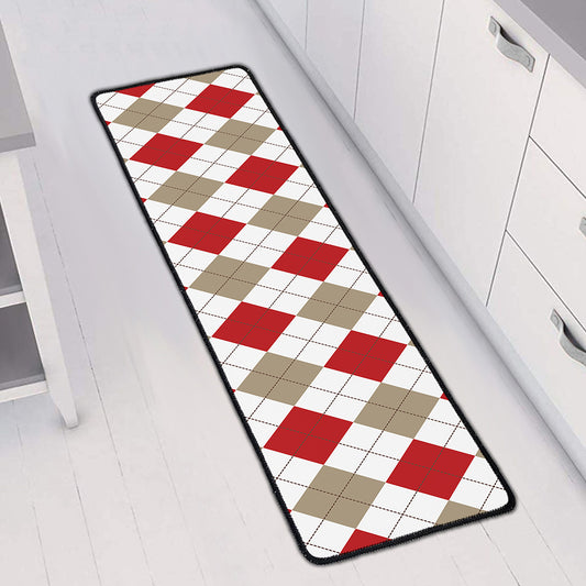 White Red And Beige Argyle Pattern Print Long Kitchen Mat