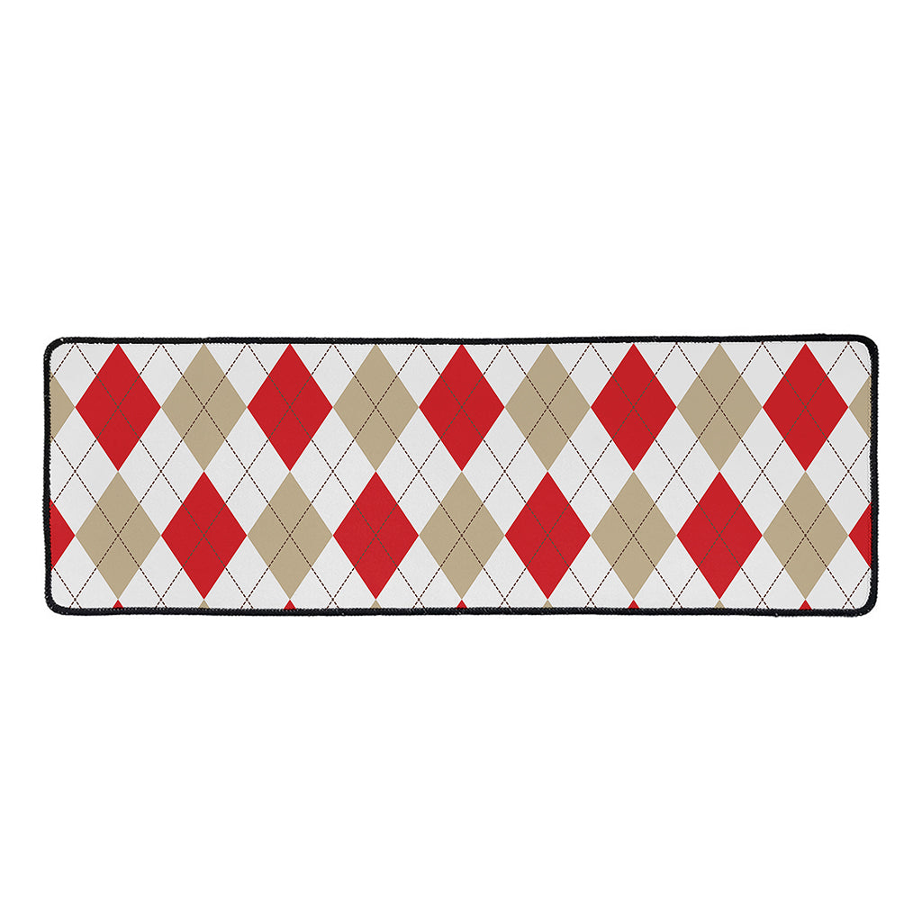 White Red And Beige Argyle Pattern Print Long Kitchen Mat