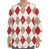 White Red And Beige Argyle Pattern Print Long Sleeve Baseball Jersey