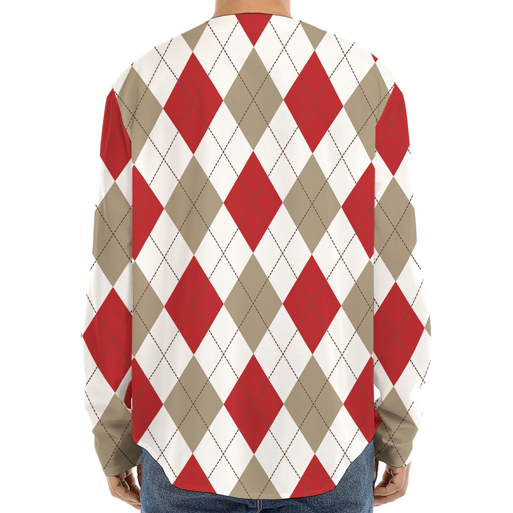 White Red And Beige Argyle Pattern Print Long Sleeve Baseball Jersey