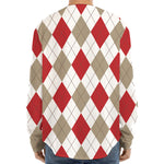 White Red And Beige Argyle Pattern Print Long Sleeve Baseball Jersey