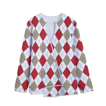 White Red And Beige Argyle Pattern Print Long Sleeve Short Coat
