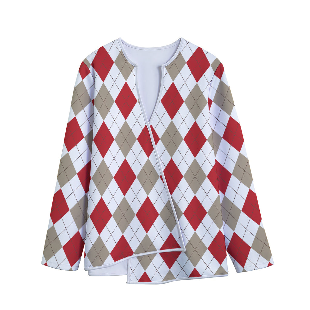 White Red And Beige Argyle Pattern Print Long Sleeve Short Coat