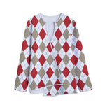 White Red And Beige Argyle Pattern Print Long Sleeve Short Coat
