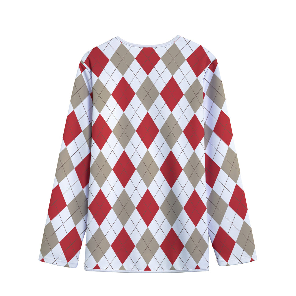 White Red And Beige Argyle Pattern Print Long Sleeve Short Coat