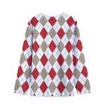 White Red And Beige Argyle Pattern Print Long Sleeve Short Coat