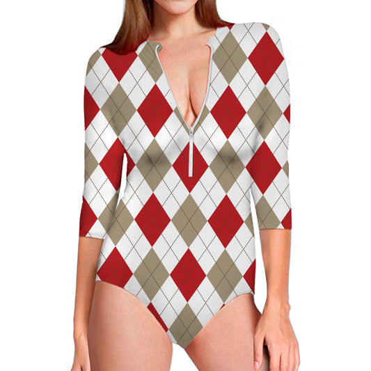 White Red And Beige Argyle Pattern Print Long Sleeve Swimsuit