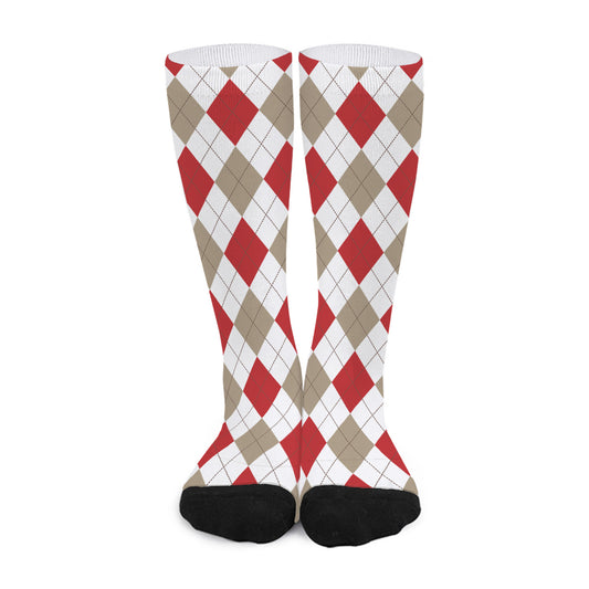 White Red And Beige Argyle Pattern Print Long Socks