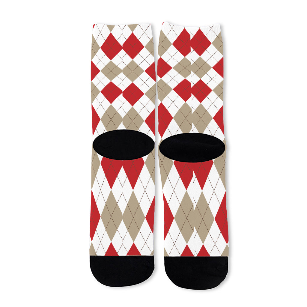 White Red And Beige Argyle Pattern Print Long Socks
