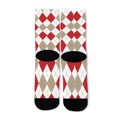 White Red And Beige Argyle Pattern Print Long Socks