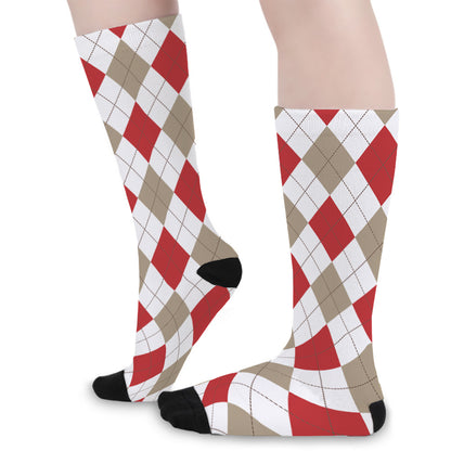 White Red And Beige Argyle Pattern Print Long Socks