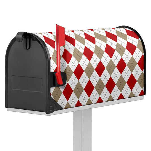White Red And Beige Argyle Pattern Print Mailbox Cover