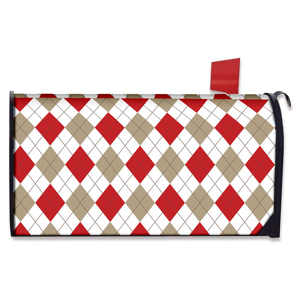 White Red And Beige Argyle Pattern Print Mailbox Cover