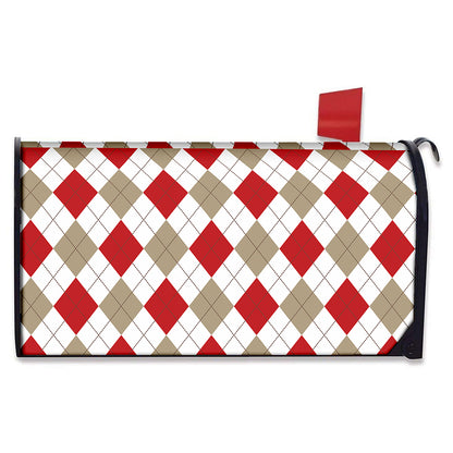 White Red And Beige Argyle Pattern Print Mailbox Cover
