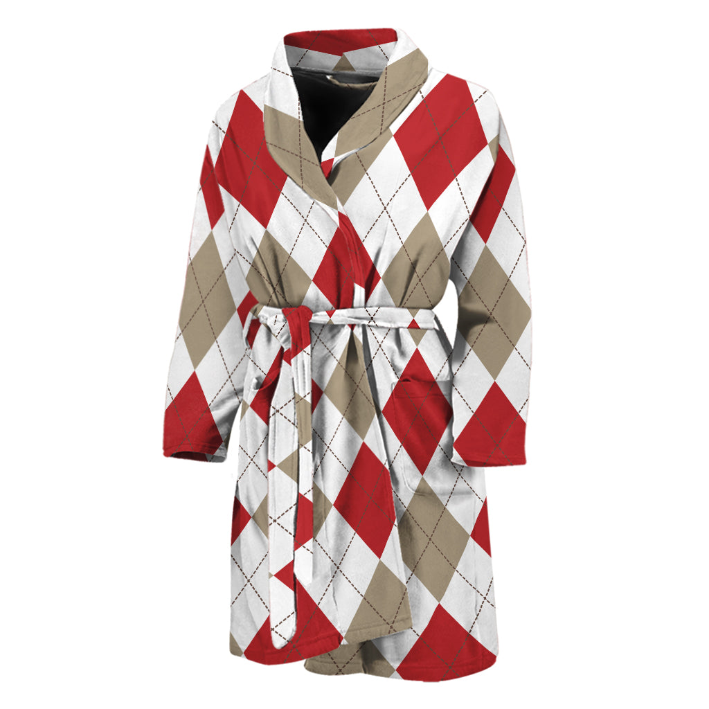White Red And Beige Argyle Pattern Print Men's Bathrobe