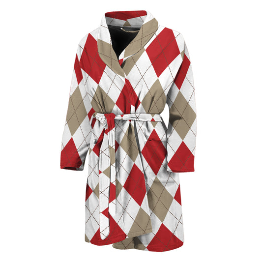 White Red And Beige Argyle Pattern Print Men's Bathrobe
